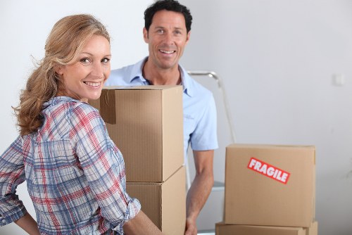Packed office furniture and equipment prepared for transport